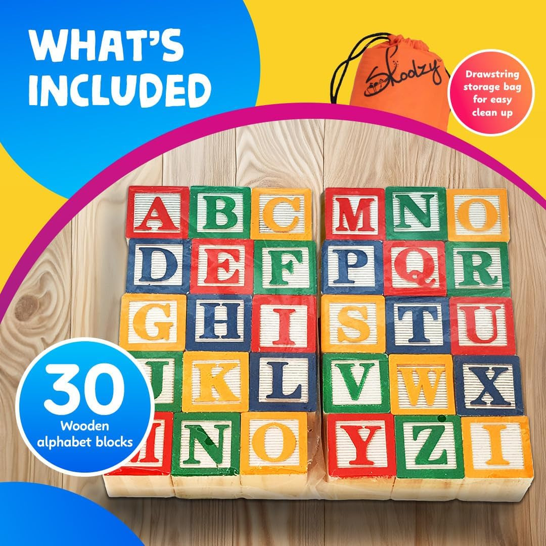 30 PCS Baby Blocks - Small Wooden ABC Blocks for Toddlers 2-5 - Alphabet Learning & Building Toys