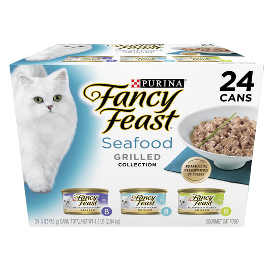 Purina Fancy Feast Wet Cat Food, Seafood Grilled Collection Variety Pack, 3 oz Cans (24 Pack)