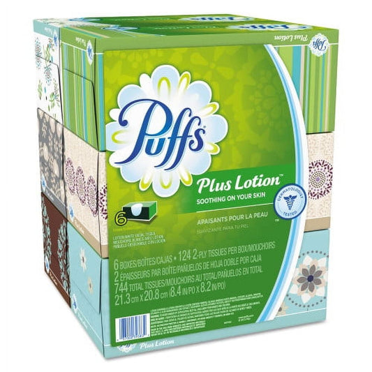 Puffs Plus Lotion Facial Tissue, 2-Ply, White, 124 Sheets/Box, 6 Boxes/Pack, 4 Packs/Carton