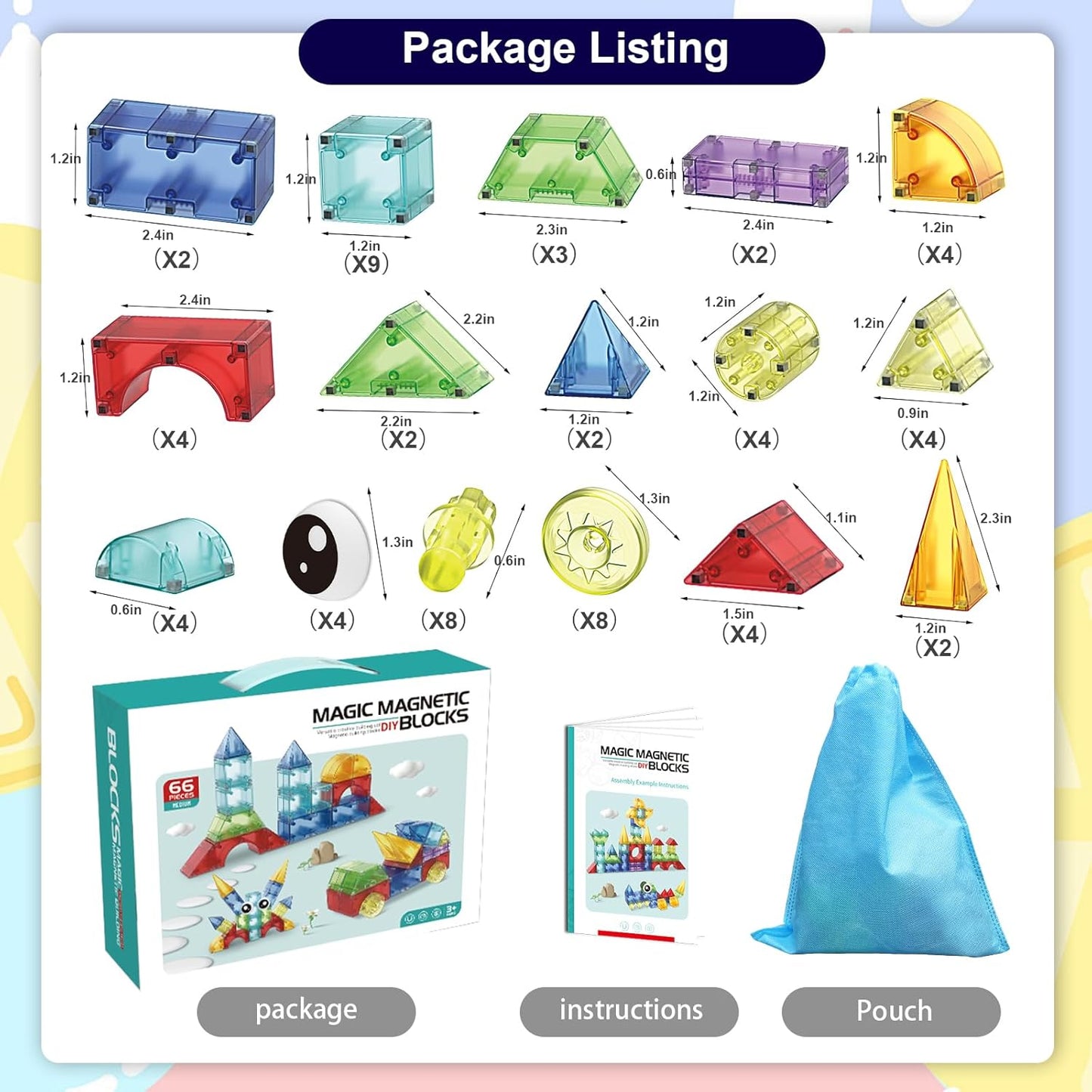 Magnetic Blocks,66 PCS Translucent Building Toys for Toddlers 3+,Multi Shape Magnet Building Blocks STEM Preschool Montessori Sensory Toys for 3 4 5 6 Year Old Kids Boys Girls
