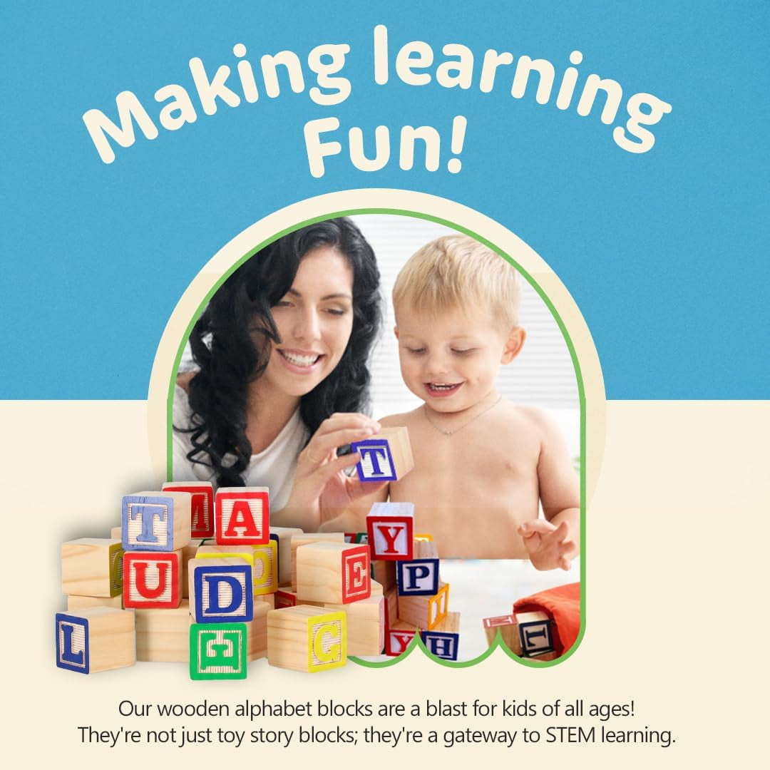 30 PCS Baby Blocks - Small Wooden ABC Blocks for Toddlers 2-5 - Alphabet Learning & Building Toys