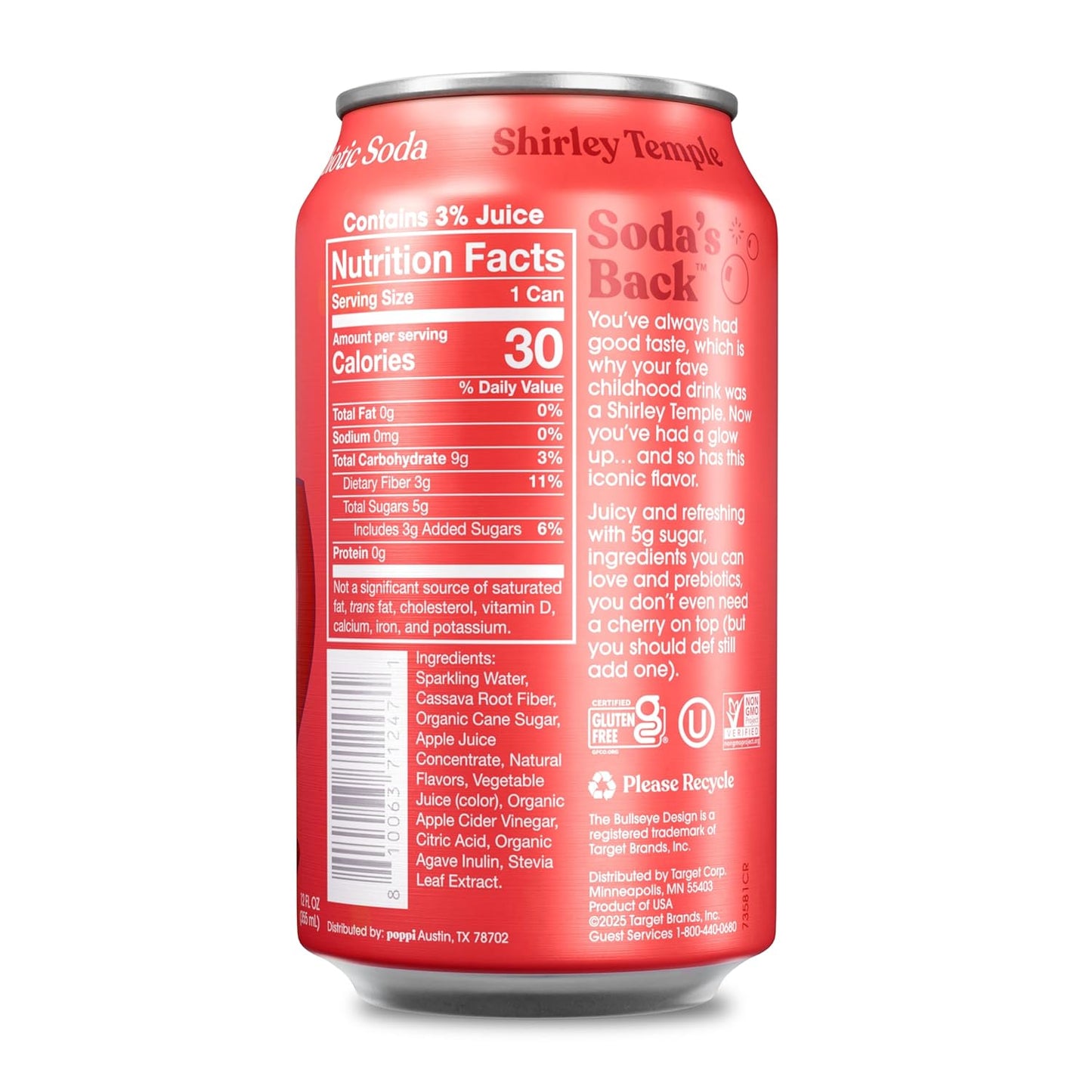 Poppi Sparkling Prebiotic Soda Beverage with Apple Cider Vinegar, Seltzer Water and Fruit Juice, Shirley Temple, 12 Fl Oz, Pack of 12