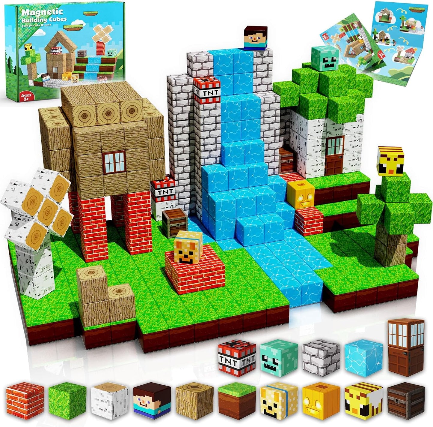 Magnetic Blocks-100Pcs Magnetic Building Blocks Magnet Cube Toys Stacking, Build Forest World Set, STEM Montessori Sensory Toys for Kids Boys Girls Age 3 4 5 6 7 8 9 10 Easter Birthday Gifts