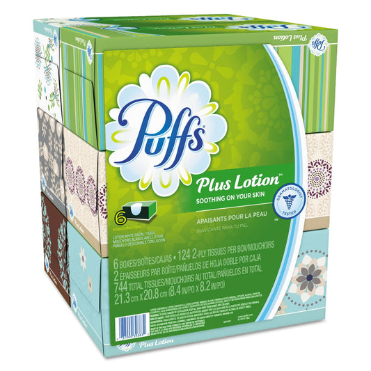 Puffs Plus Lotion Facial Tissue, 2-Ply, White, 124 Sheets/Box, 6 Boxes/Pack