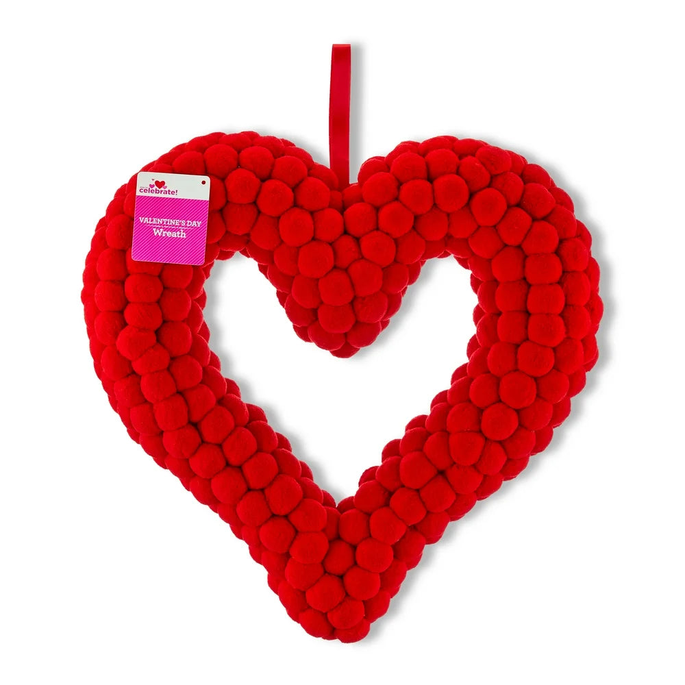 Valentine'S Day Red Pompom Heart Wreath, 16", by