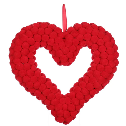 Valentine'S Day Red Pompom Heart Wreath, 16", by