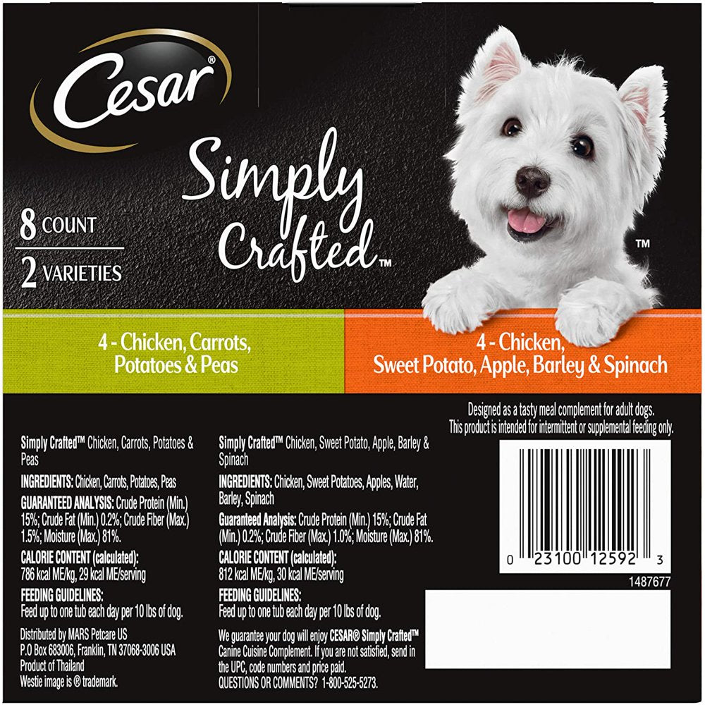 Simply Crafted Adult Wet Dog Food Meal Topper Variety Pack, Chicken, Carrots, Potatoes & Peas and Chicken, Sweet Potato, Apple, Barley & Spinach, (8) 1.3 Oz. Tubs