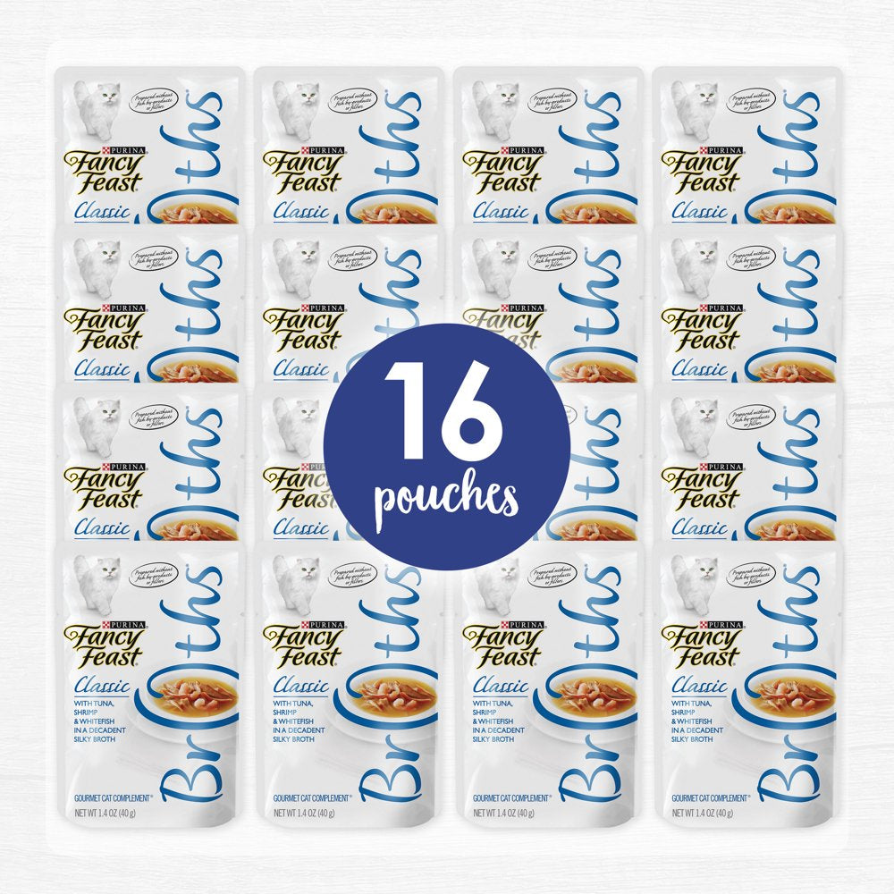 (16 Pack)  Limited Ingredient Wet Cat Food Complement, Broths with Tuna, Shrimp & Whitefish, 1.4 Oz. Pouches