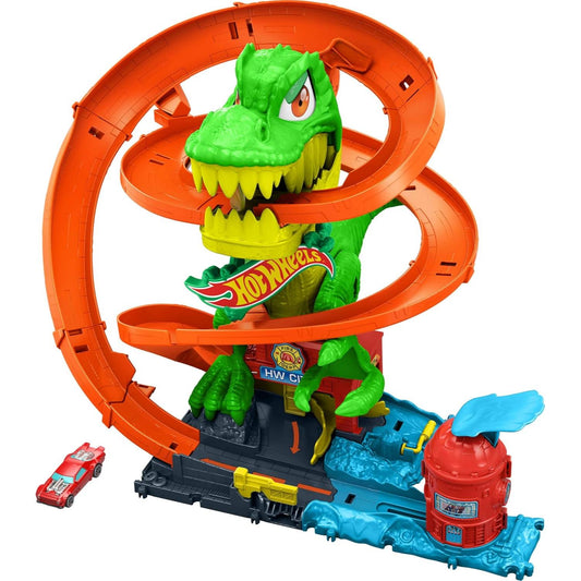 Toy Car Track Set, City T-Rex Blaze Battle Playset & 1:64 Scale Die-Cast Vehicle, 18” Tall, Multiple Race Outcomes, Spinning Dinosaur Eyes