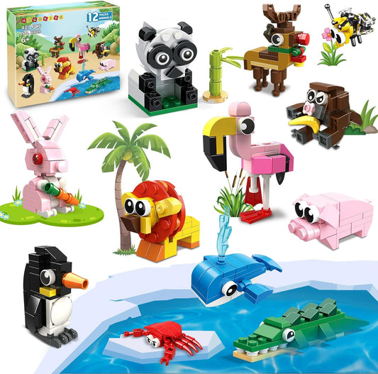 Party Favors for Kids - 12 Pack Animals Building Blocks Toy for Easter Gifts Goodie Bags Classroom Prizes Stocking Stuffers Building Set Valentines Day Birthday Gift for Boy Girl Ages 6-12+
