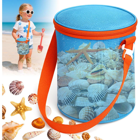 Seashell Bags for Beach, Mesh Shell Collecting Bag for Kids, Sand Toys Travel Storage Bucket for Sandbox, Beach Vacation Essentials Blue