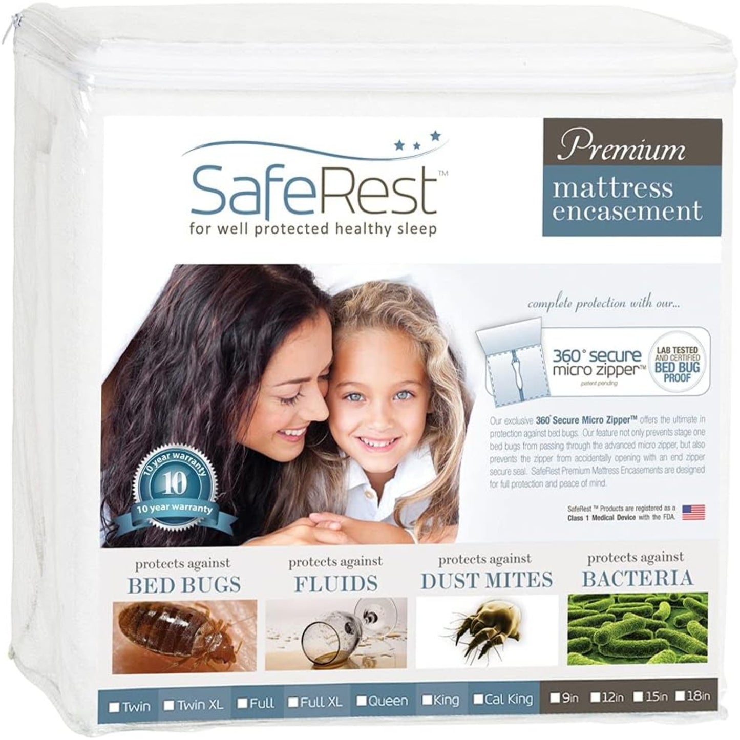 SafeRest Zippered Mattress Protector - Premium 9-12 Inch Waterproof