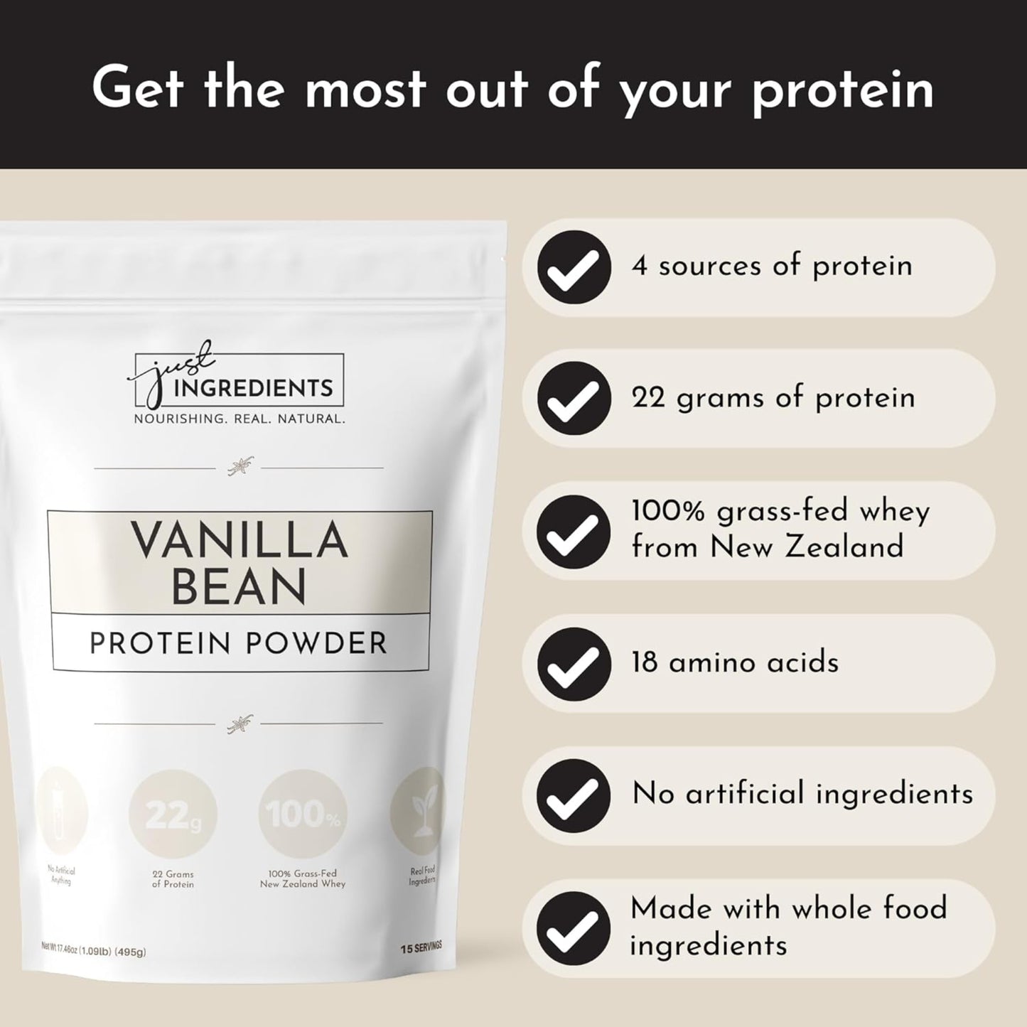 Vanilla Protein Powder | 15 Servings | 100% Grass-Fed Whey