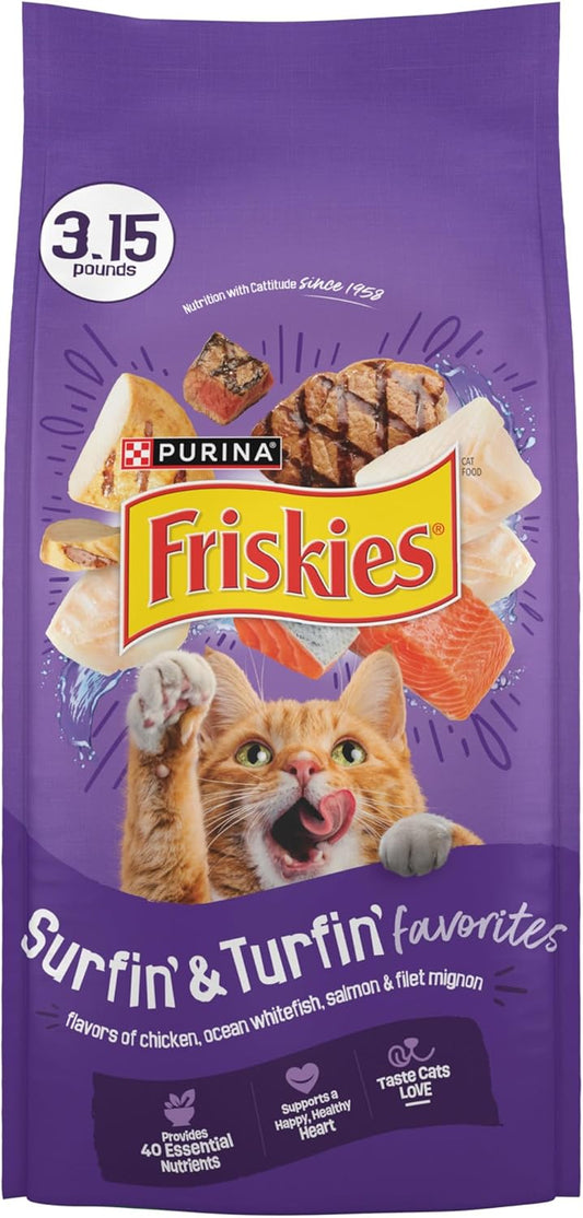 Purina Friskies Cat Food Surfin and Turfin Favorites Flavors of Chicken, Whitefish, Salmon and Filet Mignon - (Pack of 4) 3.15 lb. Bags