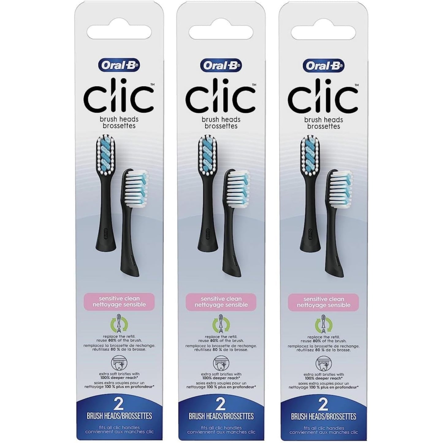 Oral-B Clic Toothbrush Sensitive Clean Replacement Brush Heads, Black, 2 Count (Pack of 3)