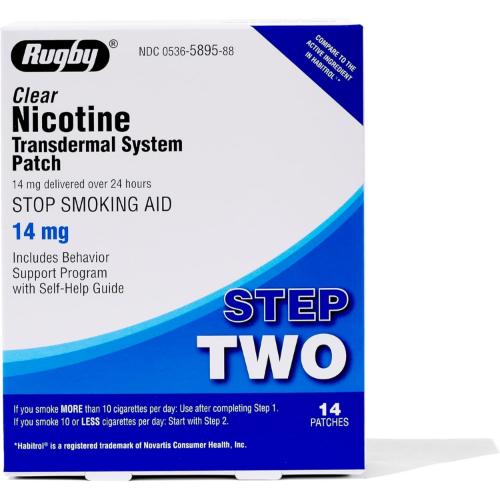 Rugby Clear Nicotine Patches - Transdermal System Patch - Smoking or Vaping Quitting Aid - Step 2-14mg - 14 Count (1-Pack)