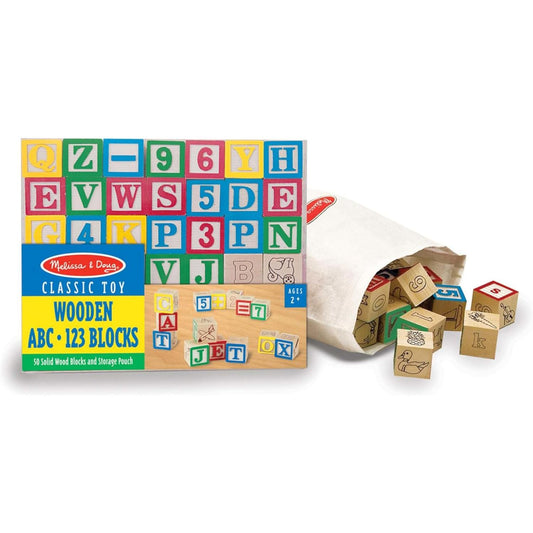 Deluxe Wooden ABC/123 1-Inch Blocks Set with Storage Pouch (50 Pcs), Classic Letter and Number Wooden Blocks, for Toddlers and Kids Ages 2+
