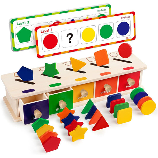 Montessori Toys Wooden Color Shape Sorting Box Game Geometric Matching Blocks Early Learning Educational Toy Gift for 3 4 5 Year-Old Baby Toddlers