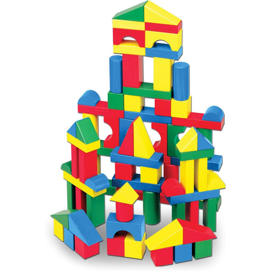 Wooden Building Blocks Set - 100 Blocks in 4 Colors and 9 Shapes Classic Kids Toys, Colored Wood for Toddlers Ages 2+ - Fsc-Certified