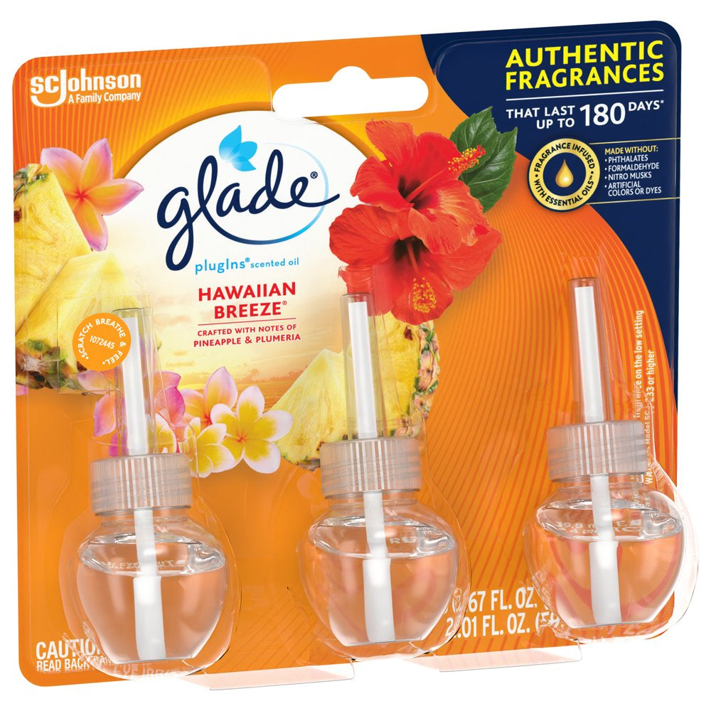 Plugins Refill 3 Ct, Hawaiian Breeze, 2.01 FL. Oz. Total, Scented Oil Air Freshener Infused with Essential Oils