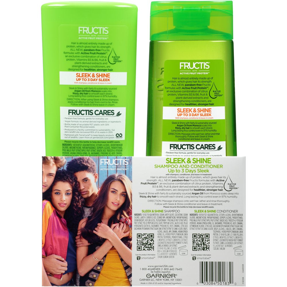 Shampoo & Conditioner 2 Pack, Frizzy, Dry, Unmanageable Hair, Fructis Sleek & Shine, 1 Kit