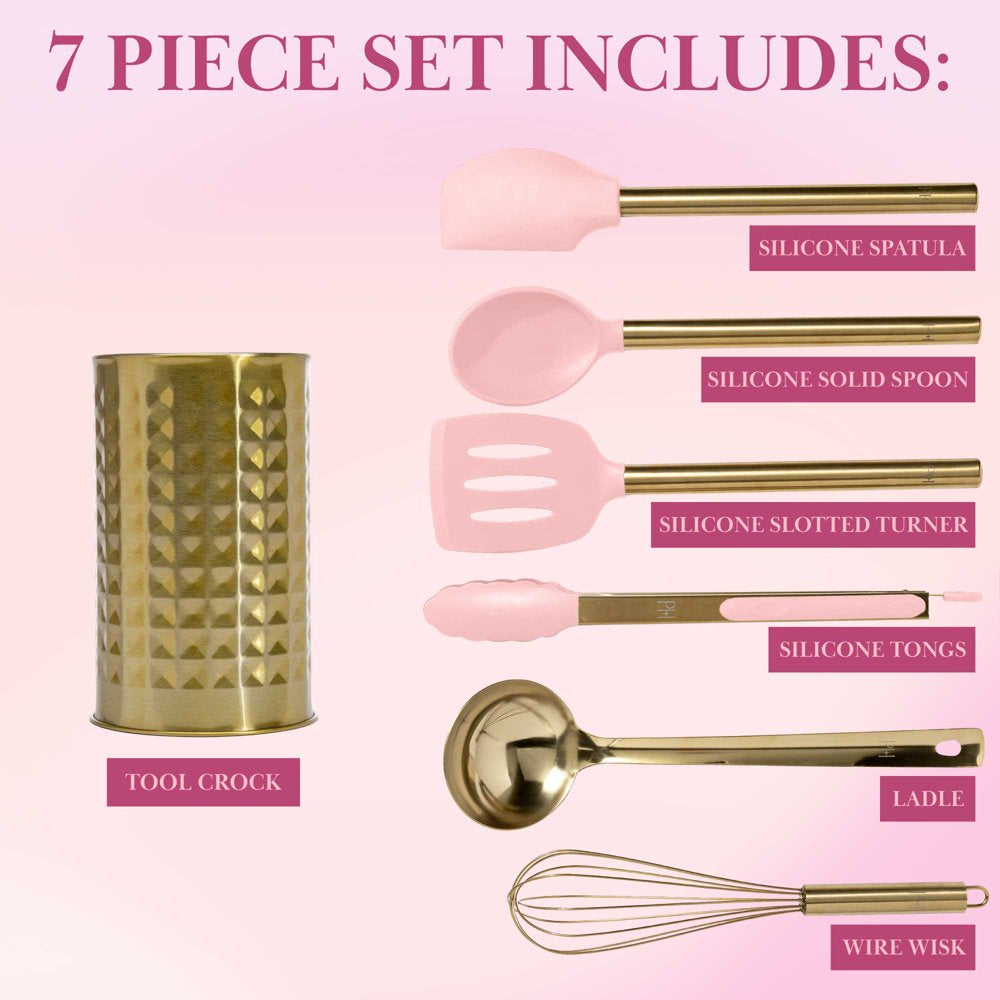 7-Piece Cooking Utensils Set, Silicone and Stainless Steel, Pink