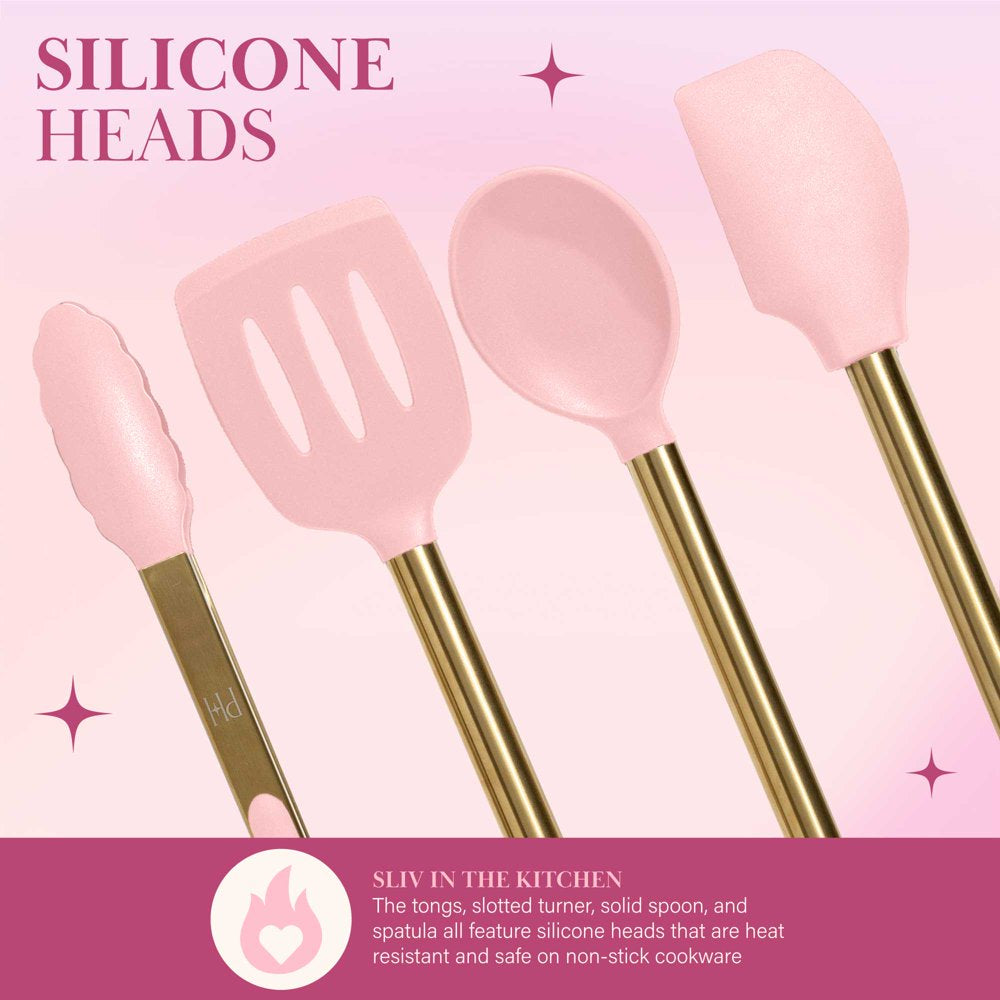 7-Piece Cooking Utensils Set, Silicone and Stainless Steel, Pink